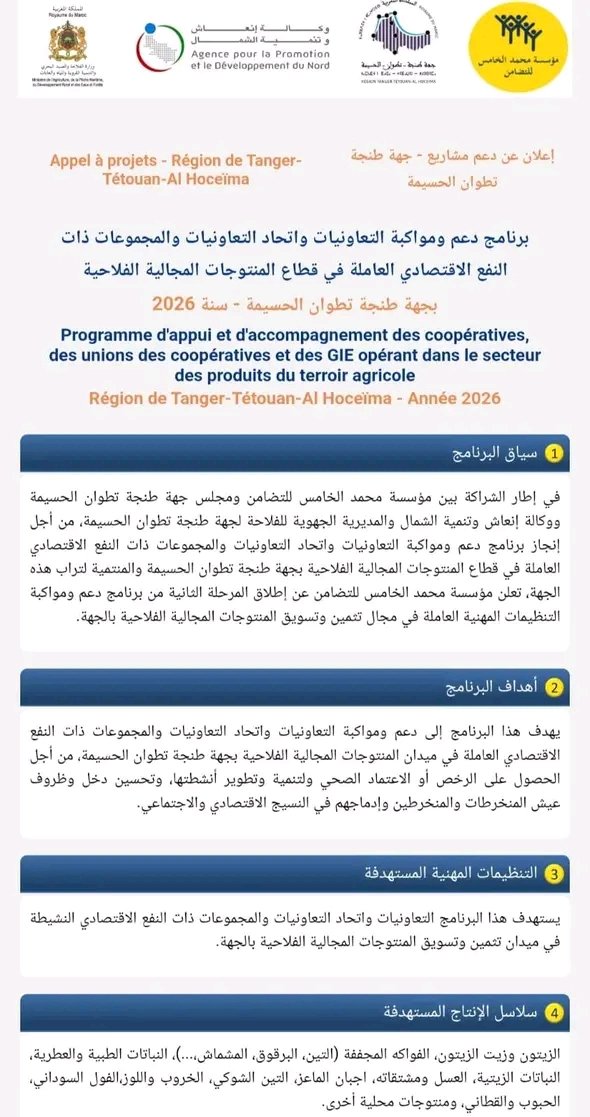 علان عن دعم مشاريع – جهة طنجة تطوان الحسيمة: برنامج دعم ومواكبة التعاونيات واتحاد التعاونيات والمجموعات ذات النفع الاقتصادي